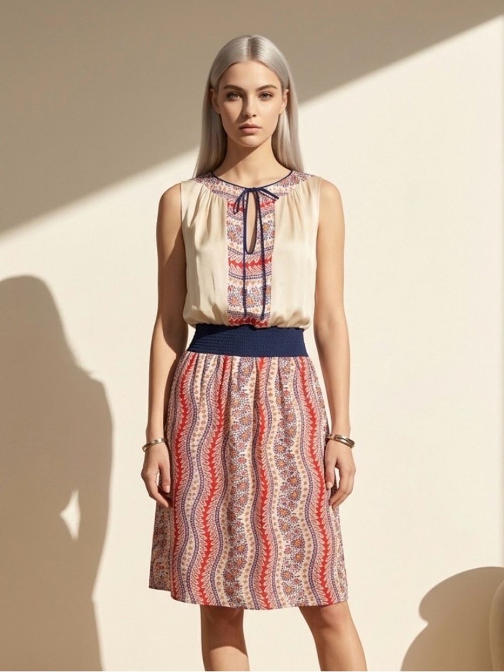 LAUREN MOFFAT Silk Dress Anthropologie Sleeveless Smocking Ivory Red Blue Sz 6